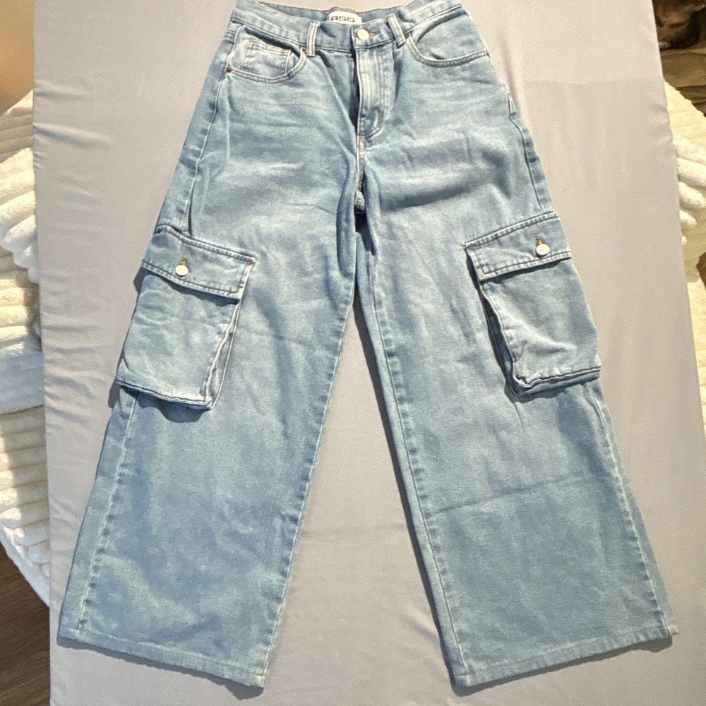 RSQ Womens Light Wash Wide Leg Cargo Jeans Blue High Rise Size 26 Utility Denim